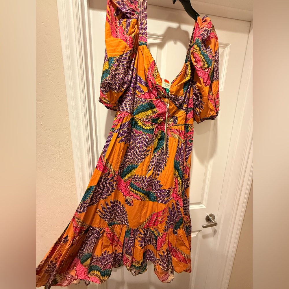 Farm Rio Mustard Yellow 'Feathered Paradise' Puff-Sleeve Midi Dress Size L NWT